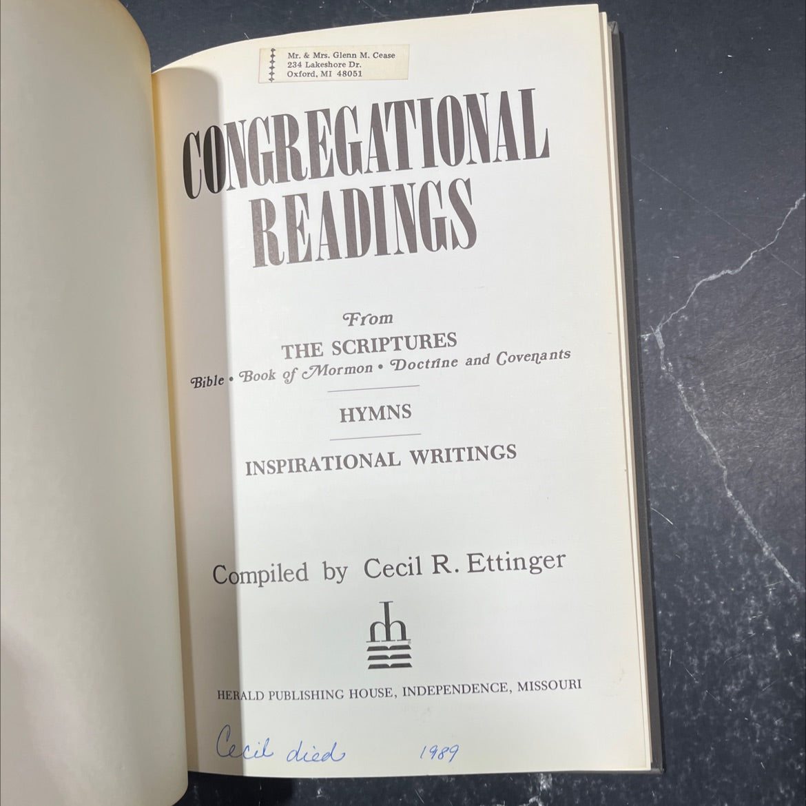 congregational readings from the scriptures, hymns, inspirational writings book, by Cecil R. Ettinger, 1989 Hardcover image 2