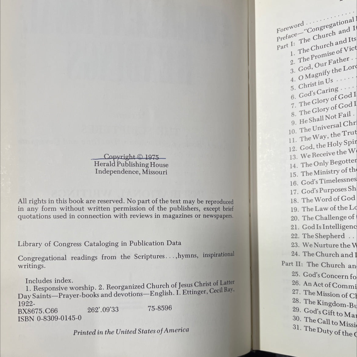 congregational readings from the scriptures, hymns, inspirational writings book, by Cecil R. Ettinger, 1989 Hardcover image 3
