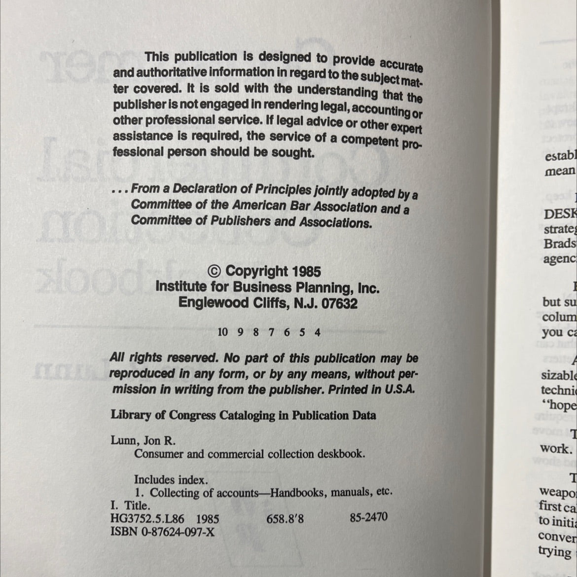 consumer and commercial collection deskbook book, by Jon R. Lunn, 1985 Hardcover image 3