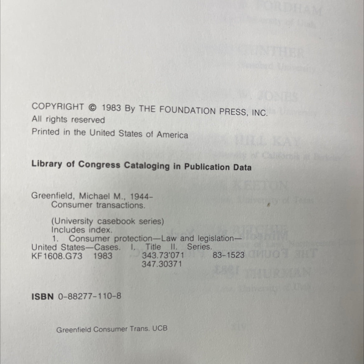 consumer transactions book, by michael m. greenfield, 1983 Hardcover image 3