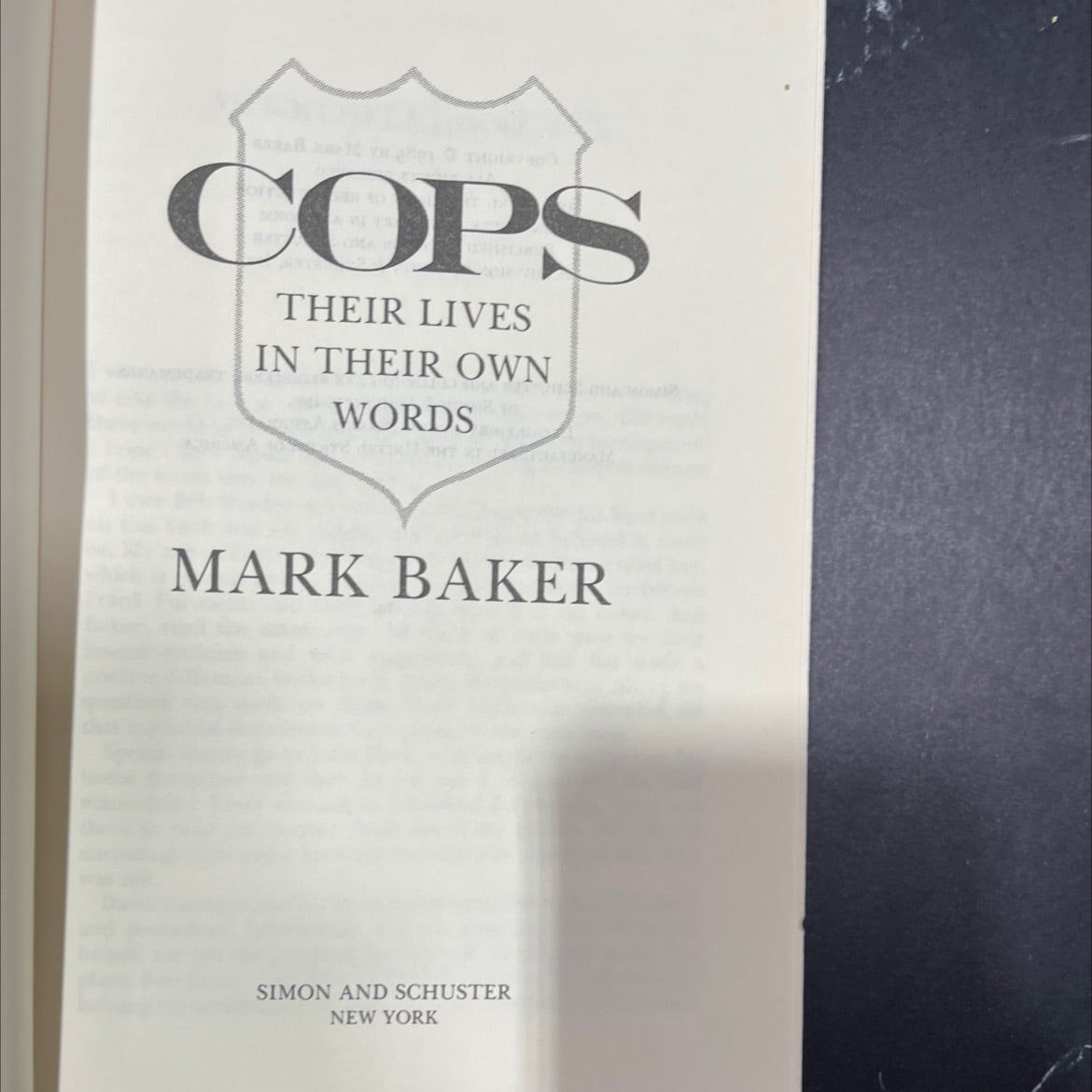 cops their lives in their own words book, by mark baker, 1985 Hardcover image 2