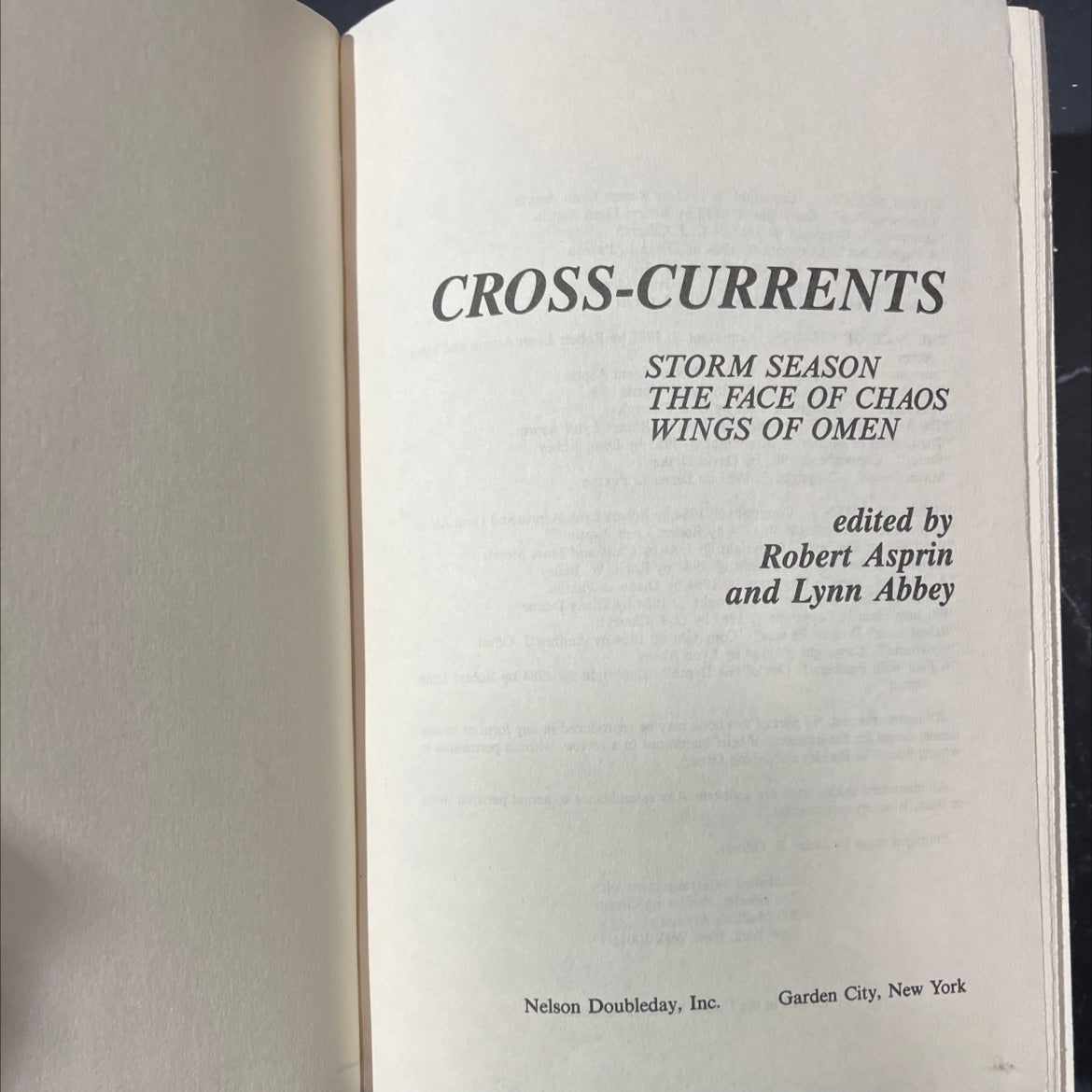 cross-currents storm season the face of chaos wings of omen book, by Robert Asprin, Lynn Abbey, 1984 Hardcover image 2