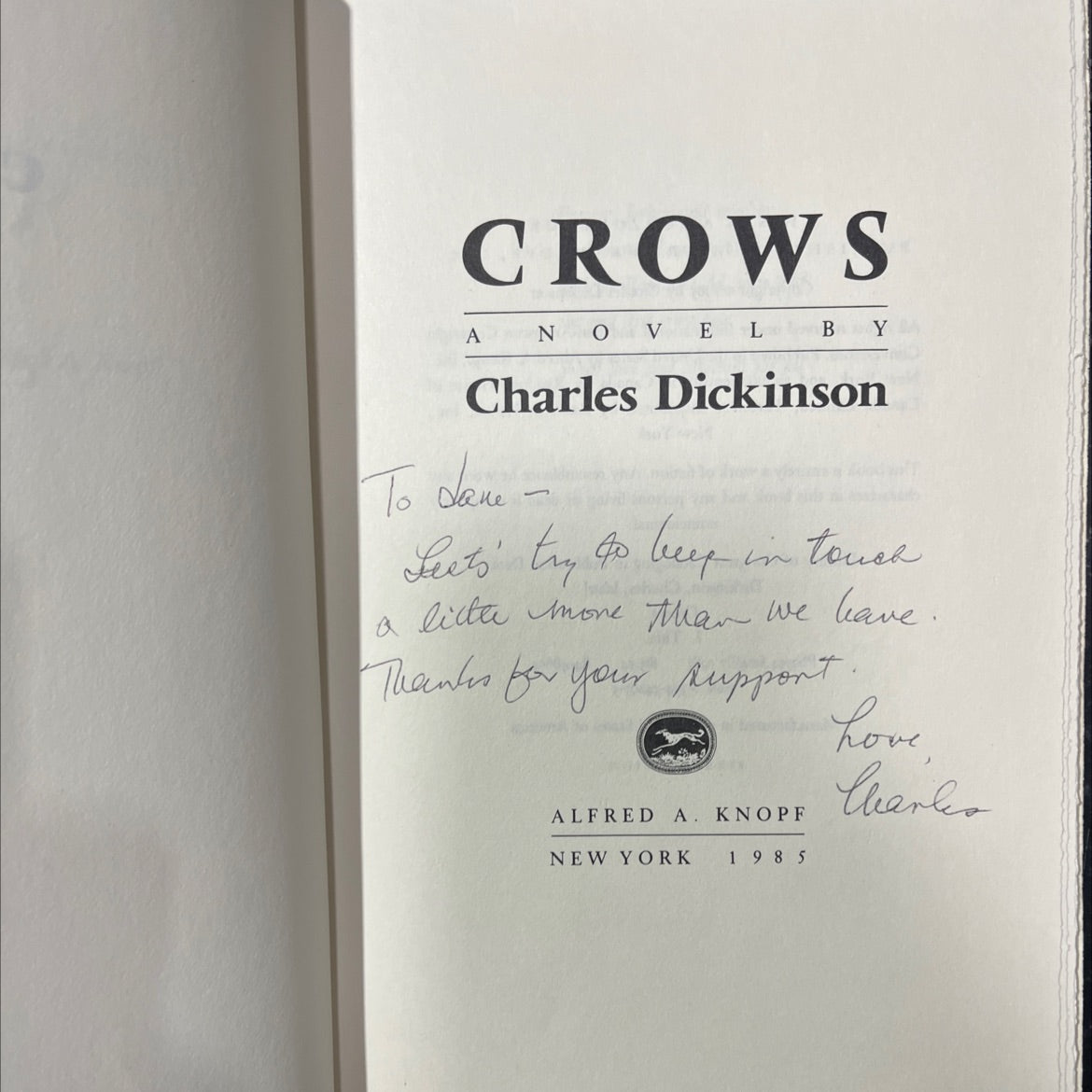 crows book, by Charles Dickinson, 1985 Hardcover, First Edition image 2