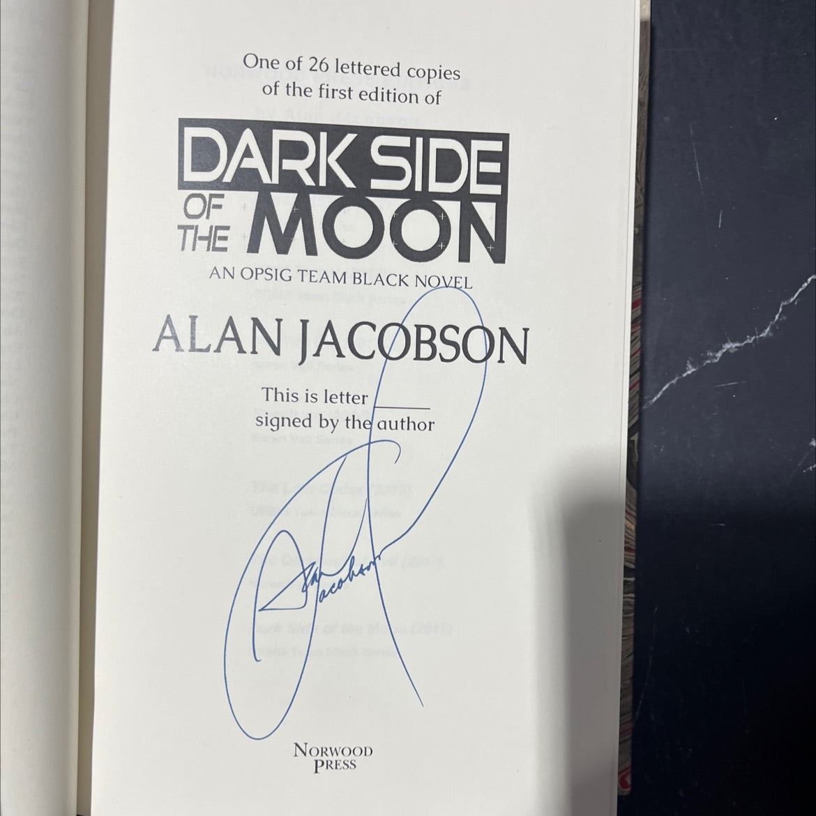 SIGNED dark side the moon of an opsig team black novel book, by alan jacobson, 2018 Leather, First Edition image 2