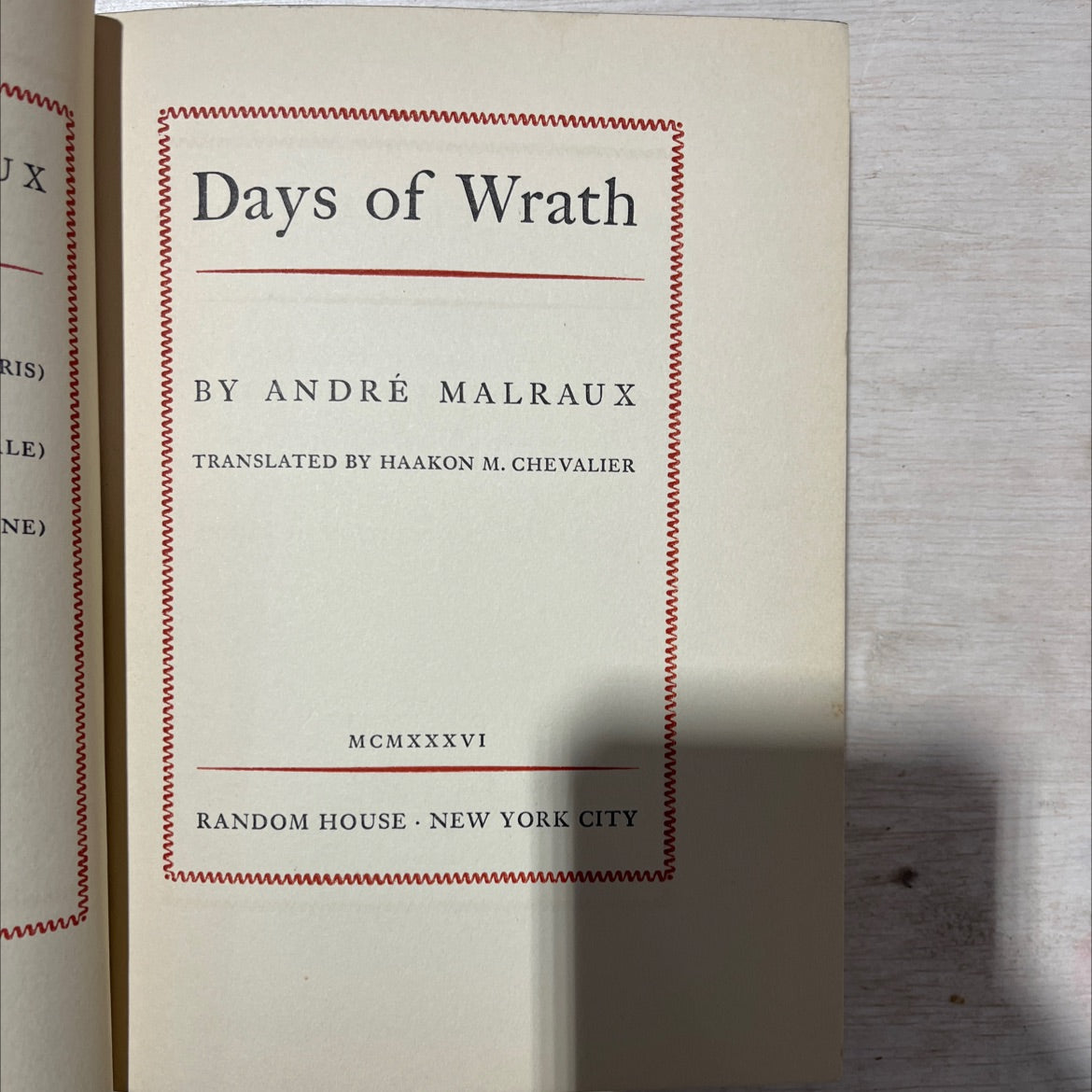 days of wrath book, by andré malraux, 1936 Hardcover, First Edition, Antique image 2