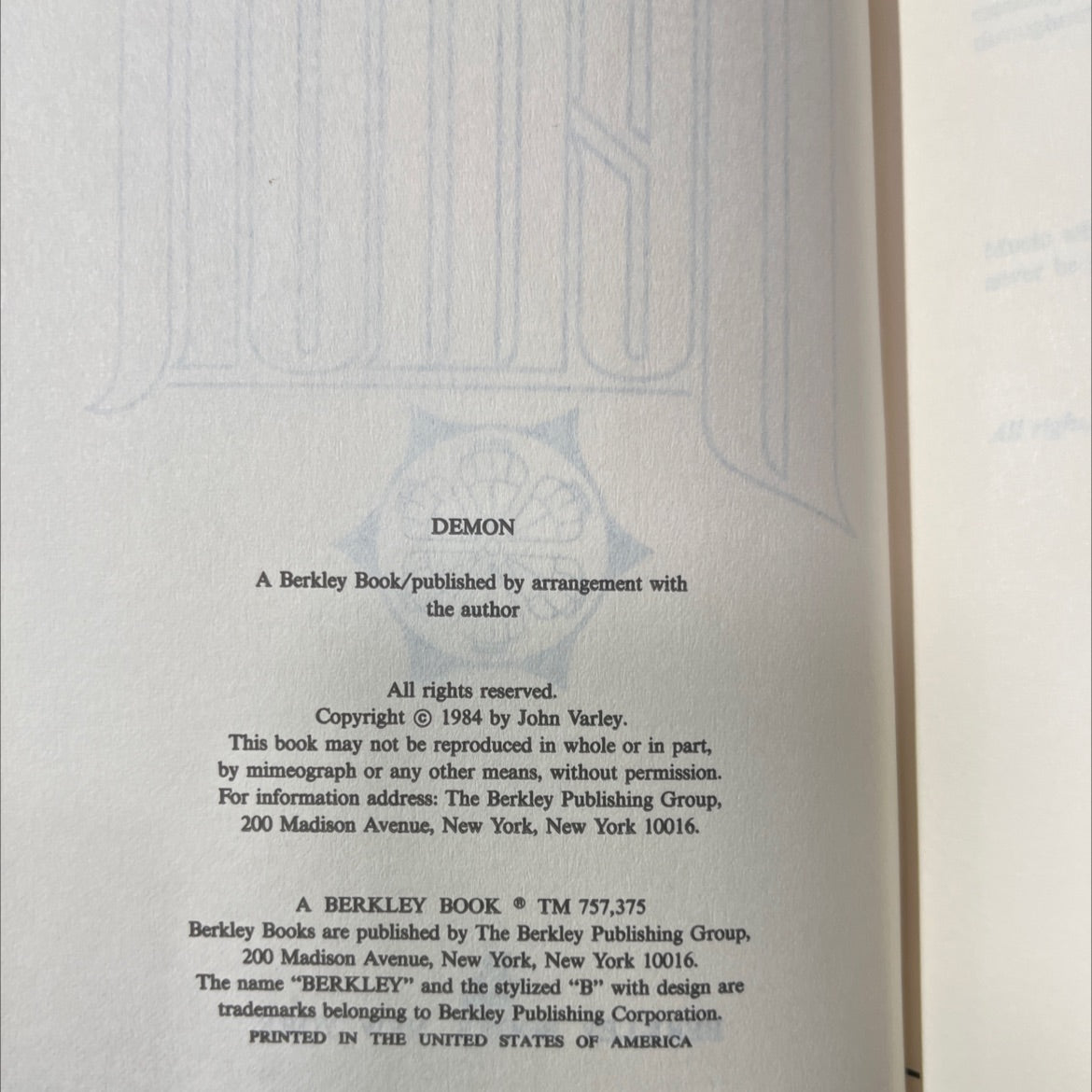 demon book, by John Varley, 1984 Hardcover image 3