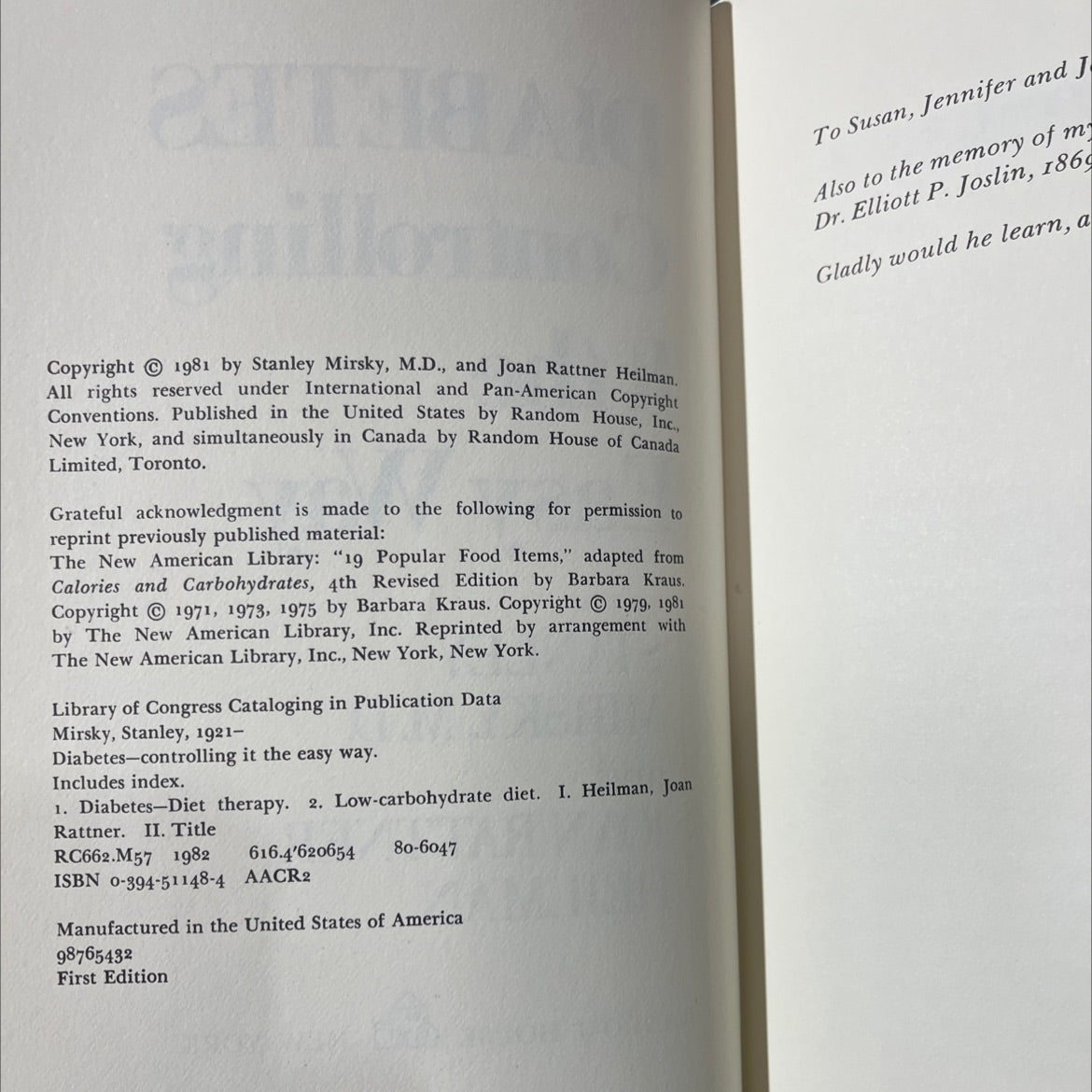 diabetes controlling it the easy way book, by stanley mirsky, m. d. and joan rattner heilman, 1981 Hardcover image 3