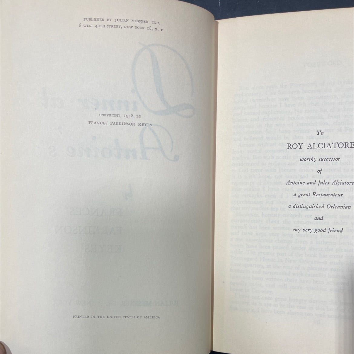 dinner at antoine's book, by frances parkinson keyes, 1948 Hardcover image 3