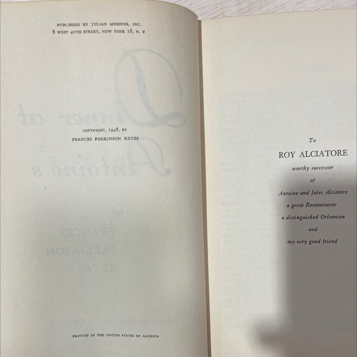 dinner at antoine's book, by frances parkinson keyes, 1948 Hardcover, First Edition, Antique image 3