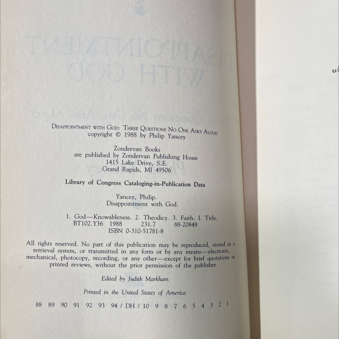 disappointment with god: three questions no one asks aloud book, by Philip Yancey, 1988 Hardcover image 3