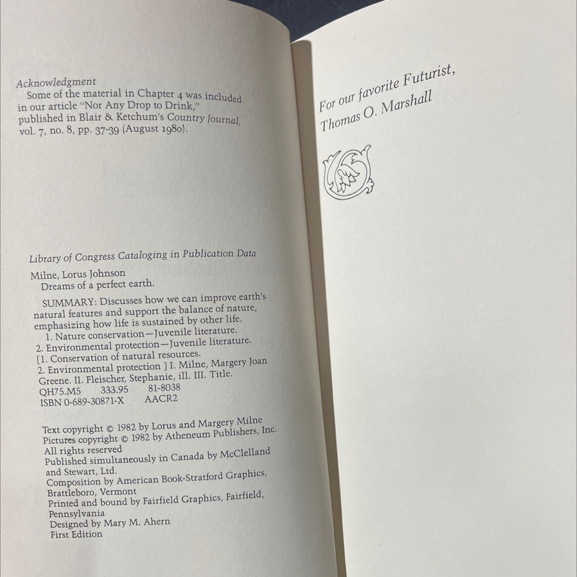 dreams of a perfect earth book, by Lorus J. Milne, Margery Milne, 1982 Hardcover image 3