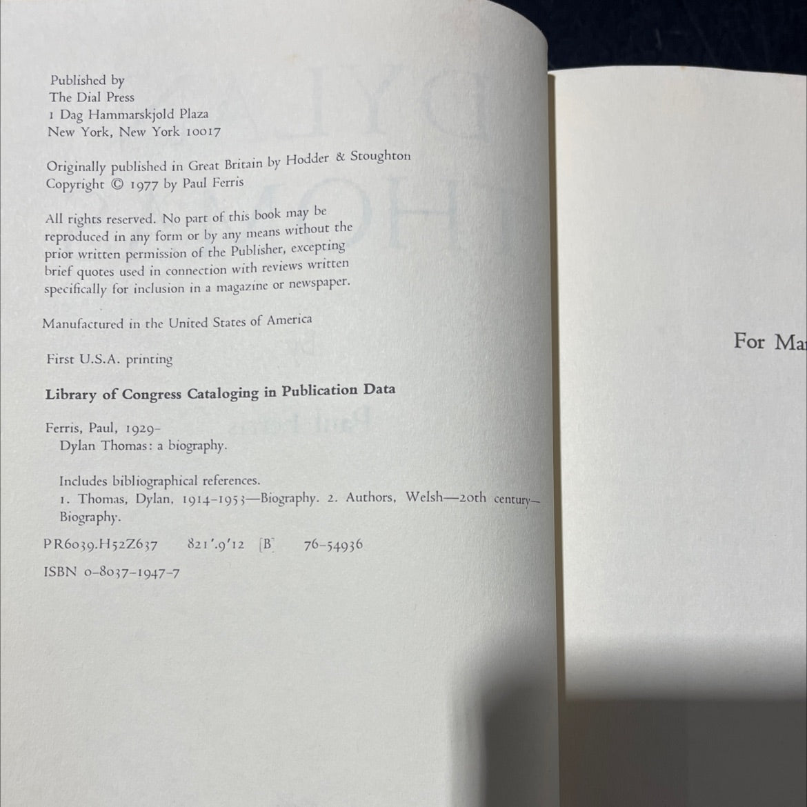 dylan thomas: a biography book, by Paul Ferris, 1977 Hardcover image 3