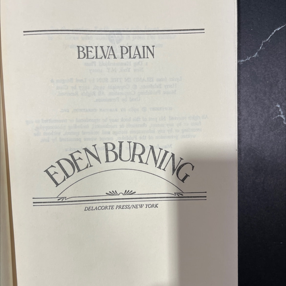eden burning book, by belva plain, 1982 Hardcover image 2