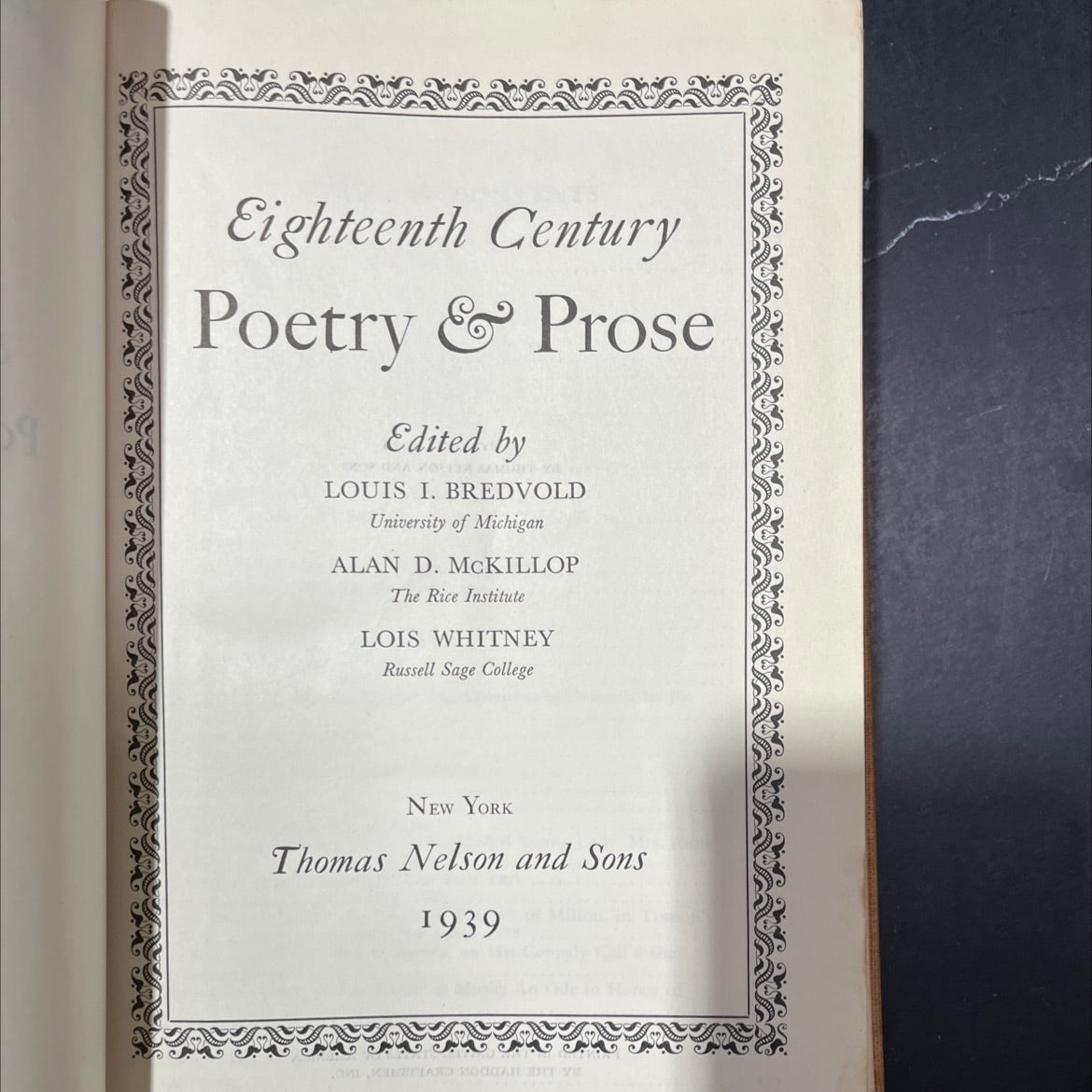 eighteenth century poetry & prose book, by OPMA 021378, Louis I. Bredvold, Alan D. McKillop, Lois Whitney, 1939 image 2