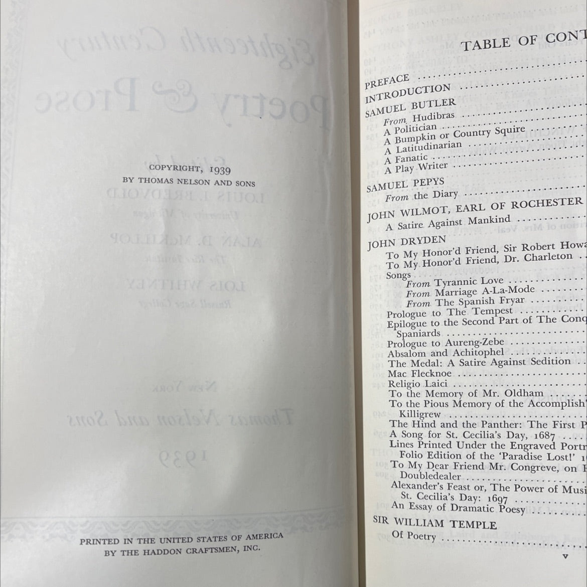 eighteenth century poetry & prose book, by OPMA 021378, Louis I. Bredvold, Alan D. McKillop, Lois Whitney, 1939 image 3