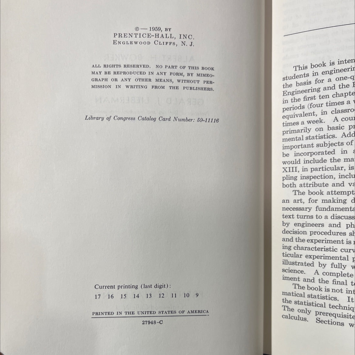 engineering statistics book, by albert h. bowker, gerald j. lieberman, 1959 Hardcover image 3