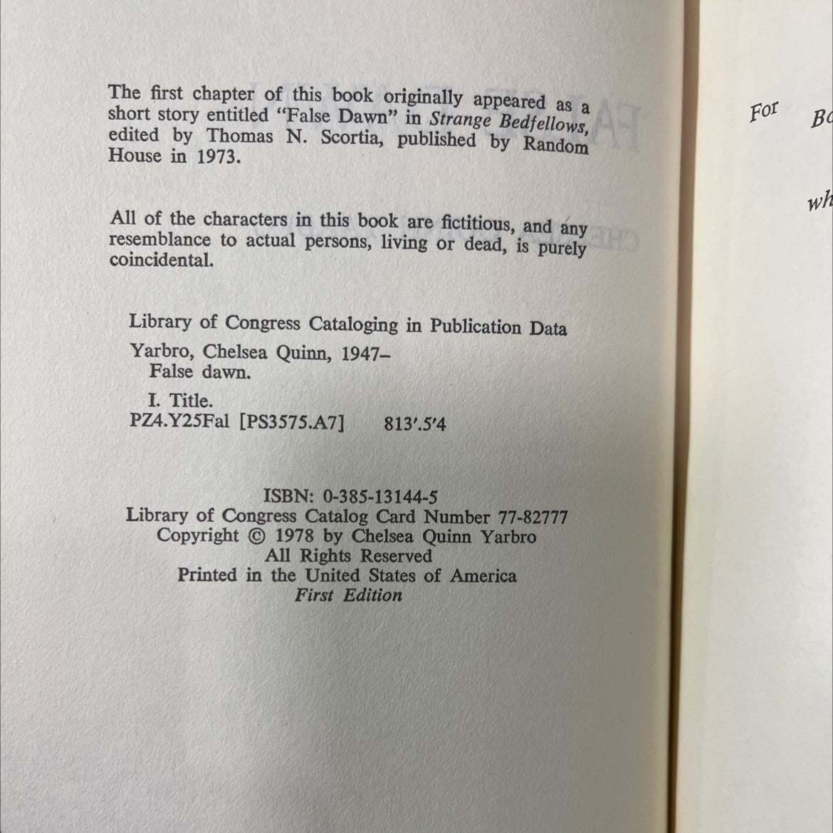 false dawn book, by chelsea quinn yarbro, 1978 Hardcover image 3