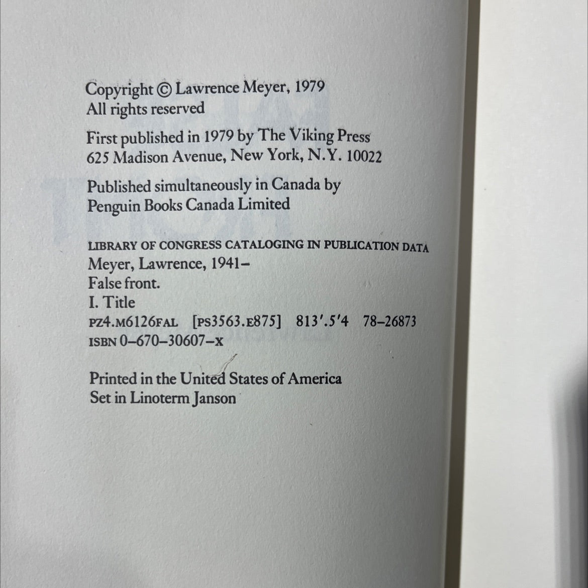 false front book, by lawrence meyer, 1979 Hardcover image 3