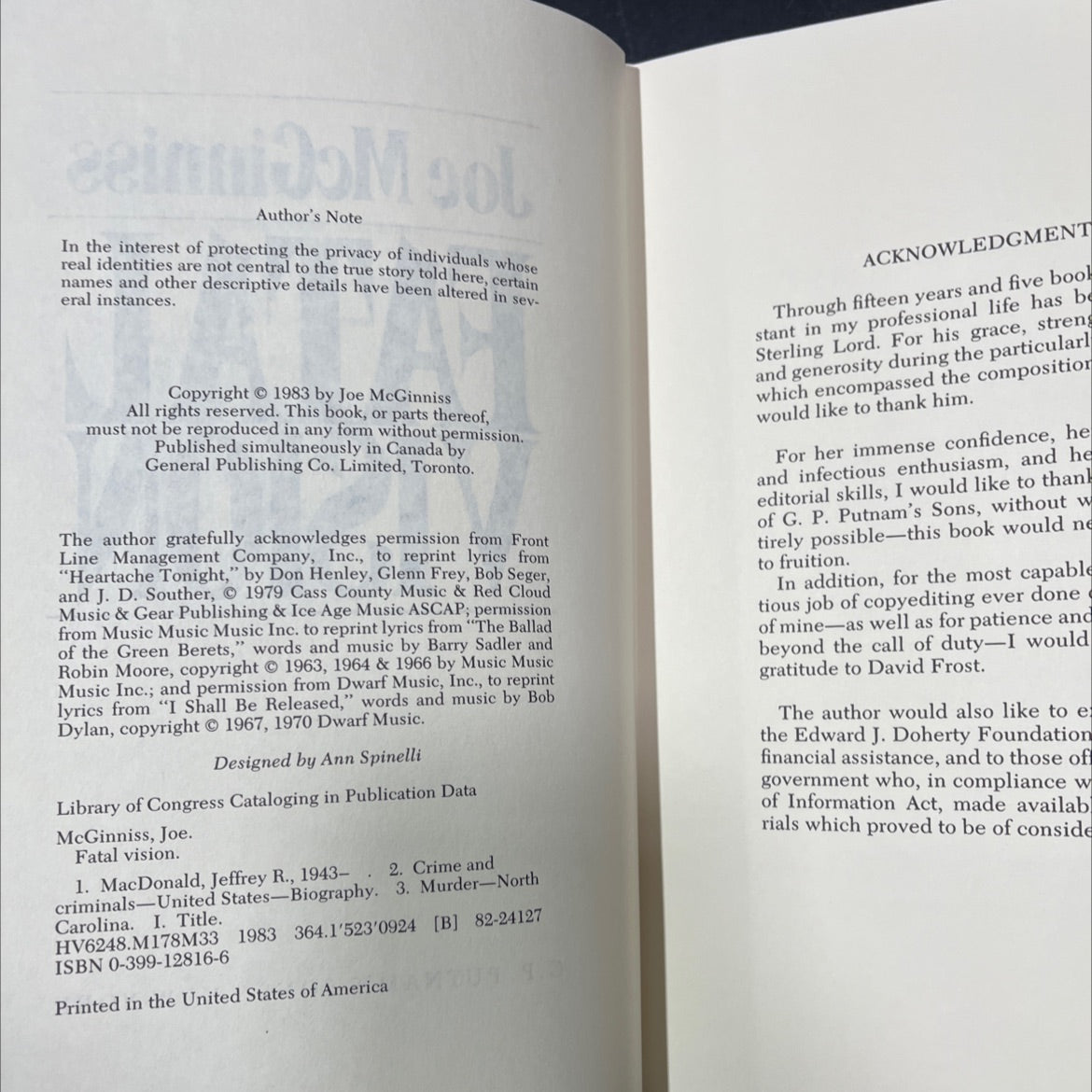 fatal vision book, by Joe McGinniss, 1983 Hardcover image 3