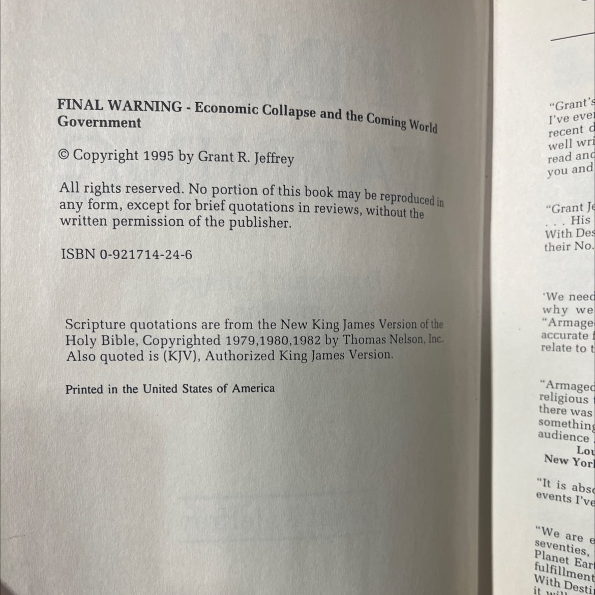 final warning economic collapse and the coming world government book, by grant r. jeffrey, 1995 Hardcover image 3