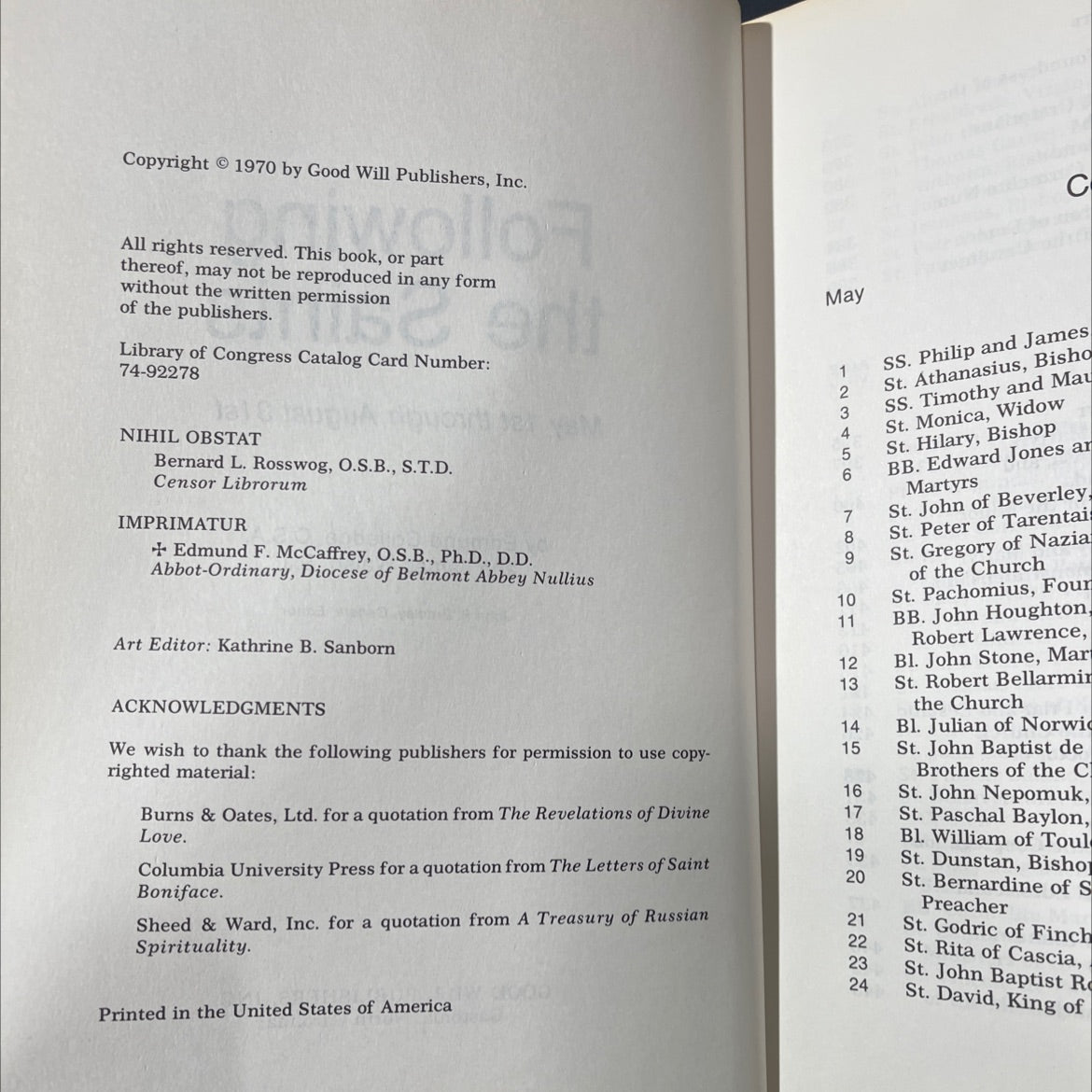 following the saints may 1st through august 31st book, by edmund colledge, o.s.a. and james walsh, s.j., 1970 Leather image 3