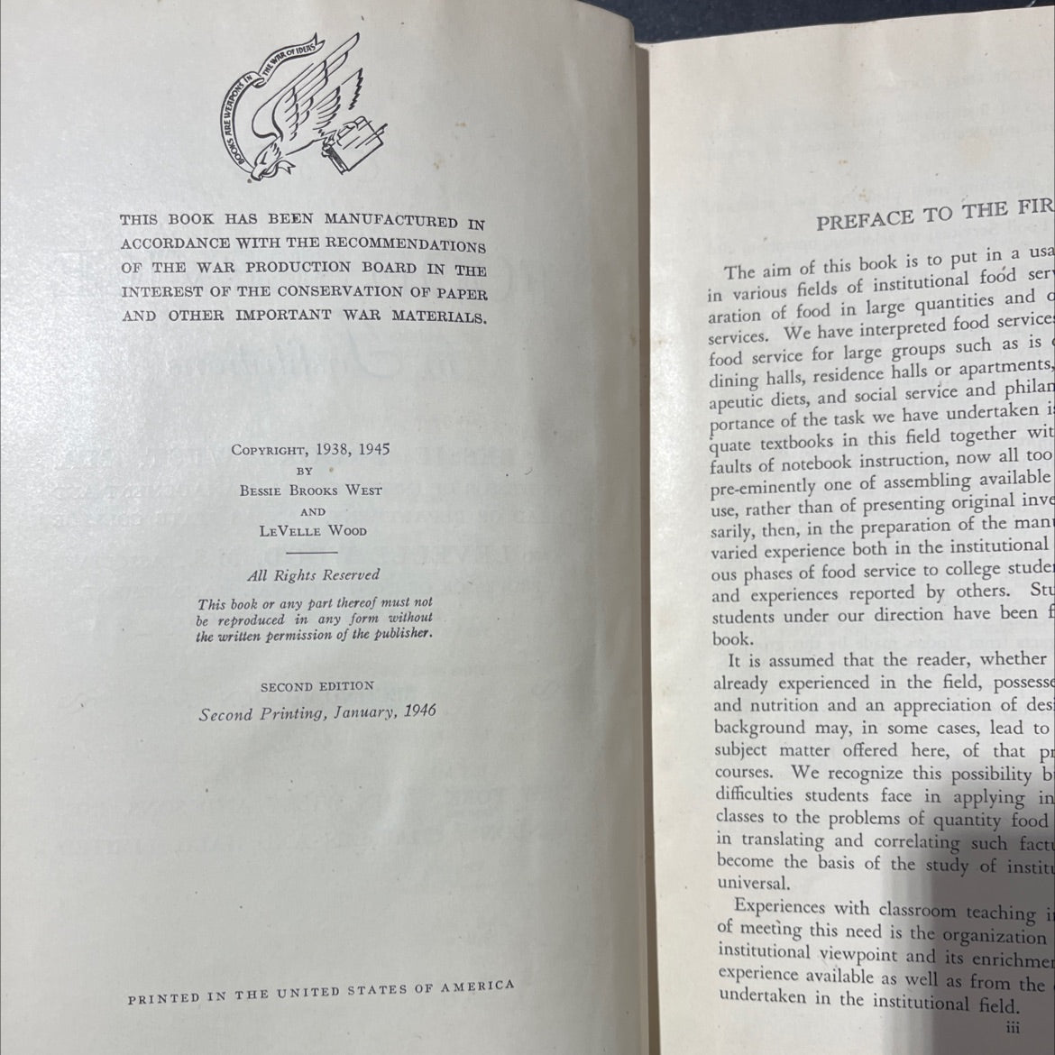 food service in institutions book, by bessie brooks west, levele wood, 1945 Hardcover image 3