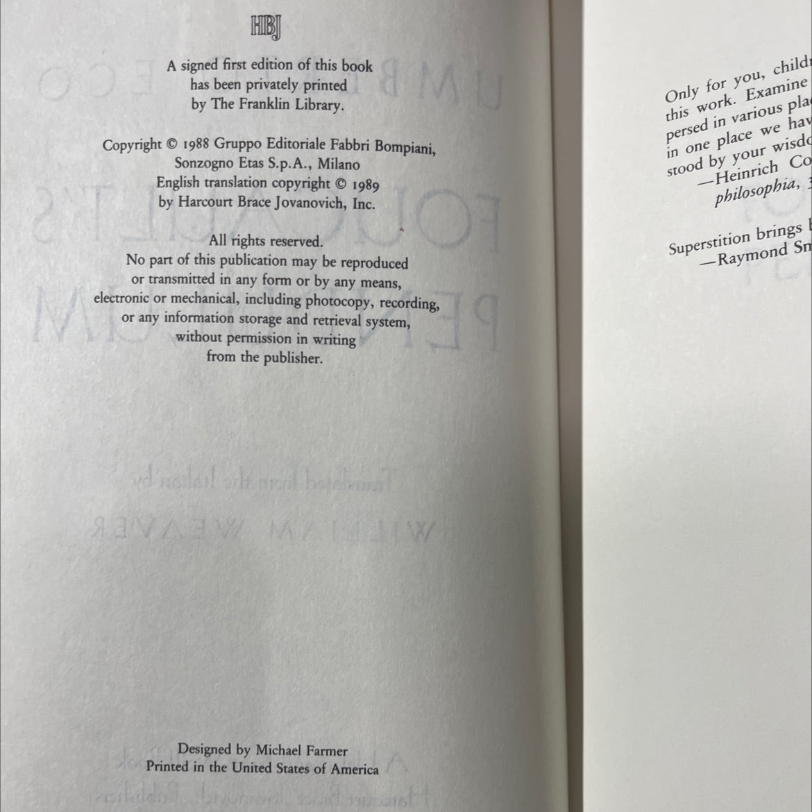foucault's pendulum book, by umberto eco, 1989 Hardcover image 3