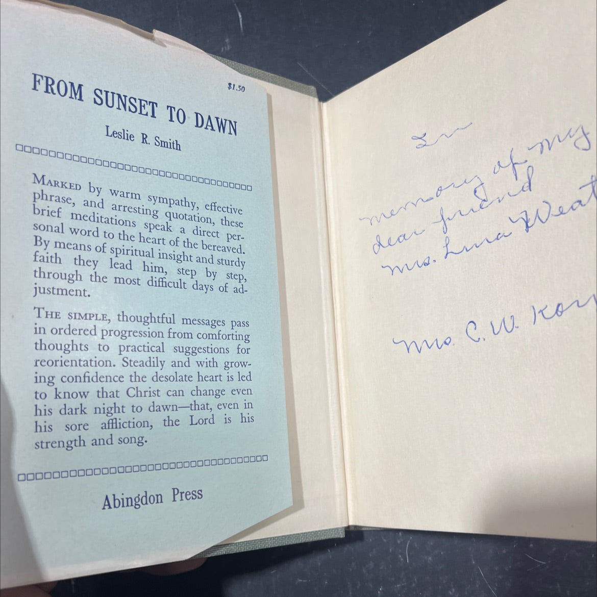from sunset to dawn a book of meditations to help those in grief wg w book, by leslie r. smith, 1944 Hardcover image 4
