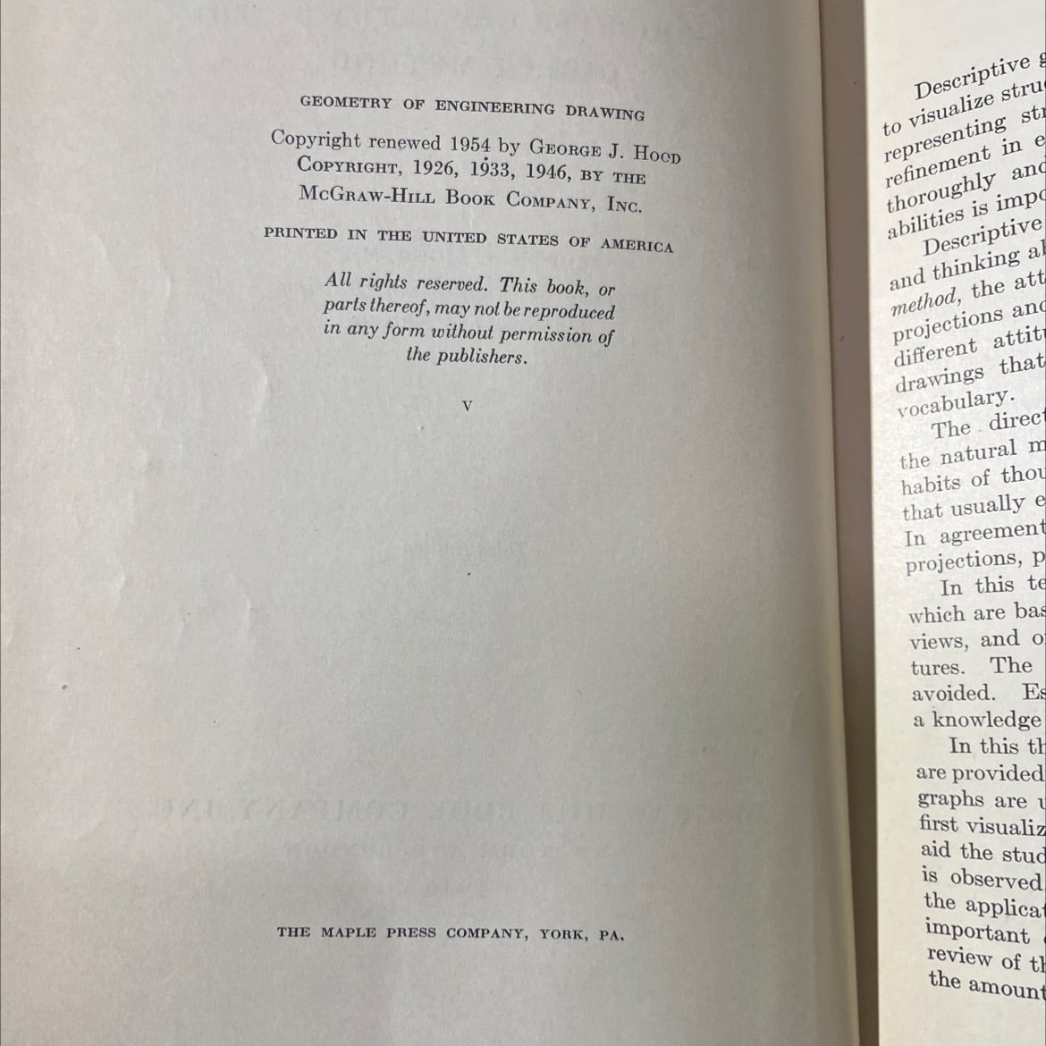 geometry of engineering drawing descriptive geometry by the direct method book, by george j. hood, 1946 Hardcover image 3