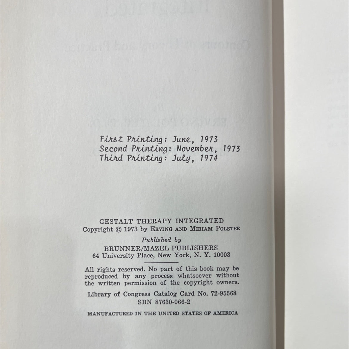gestalt therapy integrated book, by erving polster, ph.d. and miriam polster, ph.d., 1974 Hardcover image 3