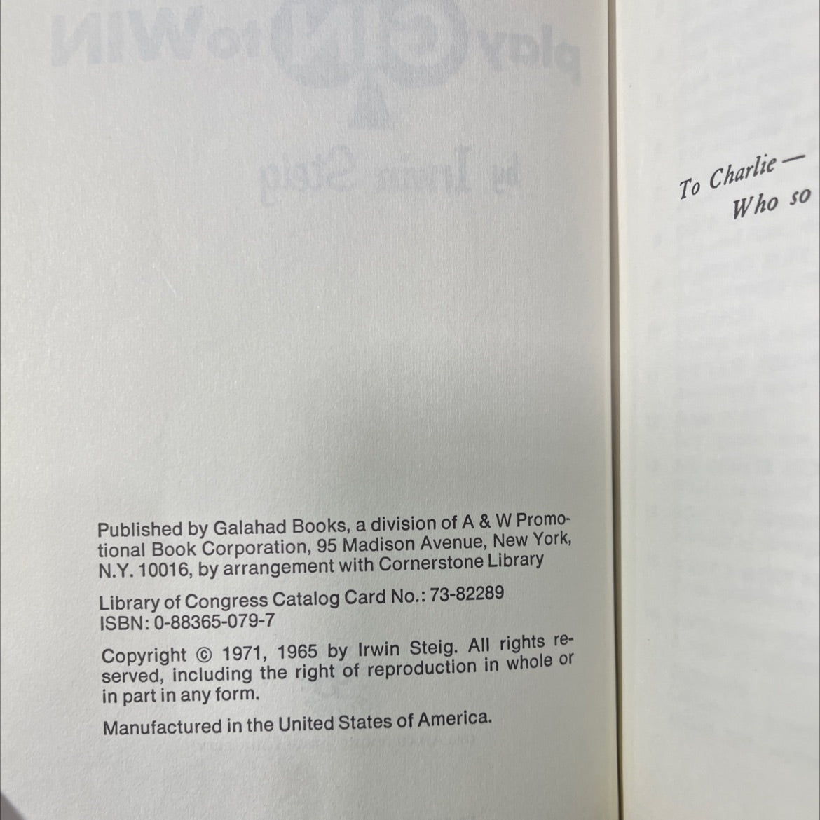 gin to win book, by Irwin Steig, 1971 Hardcover image 3