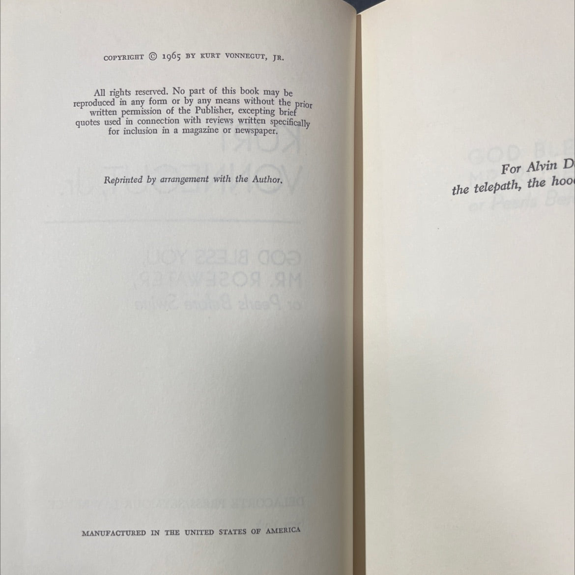 god bless you, mr. rosewater, or pearls before swine book, by kurt vonnegut, jr., 1965 Hardcover image 3