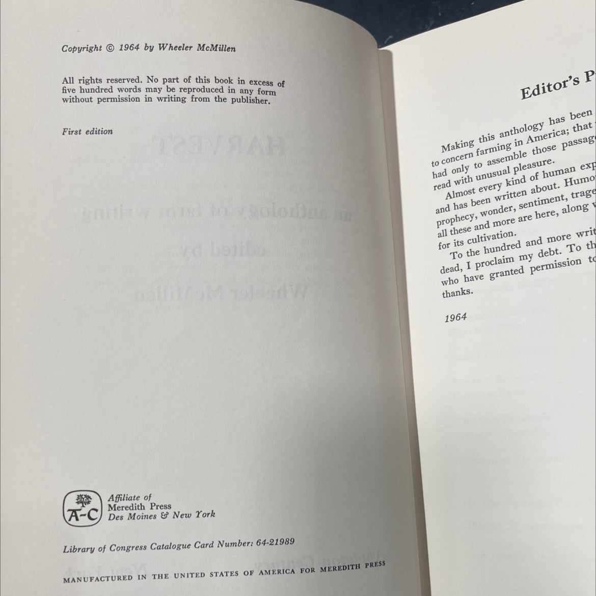 harvest an anthology of farm writing book, by Wheeler McMillen, 1964 Hardcover image 3