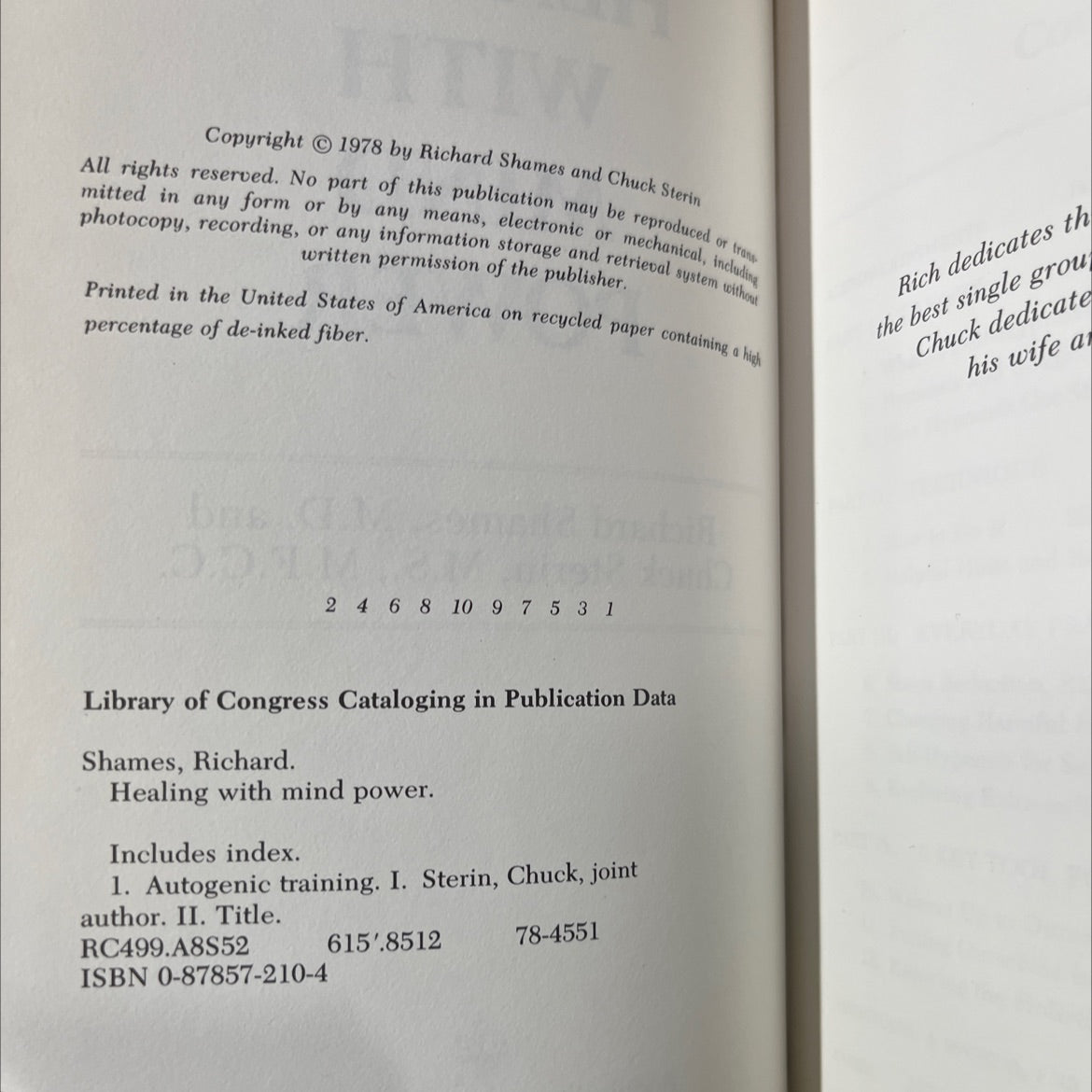 healing with mind power book, by Richard Shames, M.D. and Chuck Sterin, M.S., M.F.C.C., 1978 Hardcover image 3