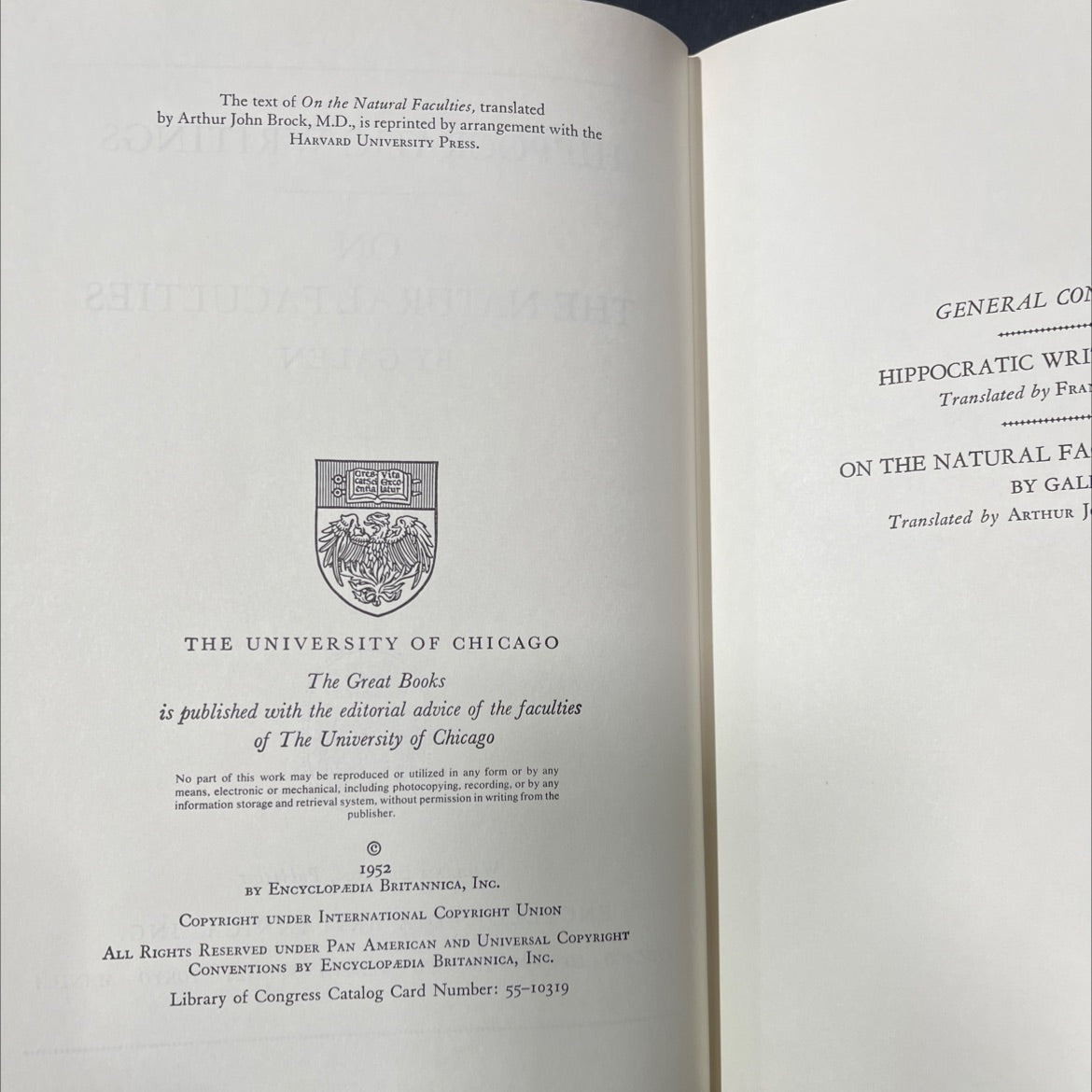 hippocratic writings on the natural faculties book, by galen, 1952 Hardcover image 3