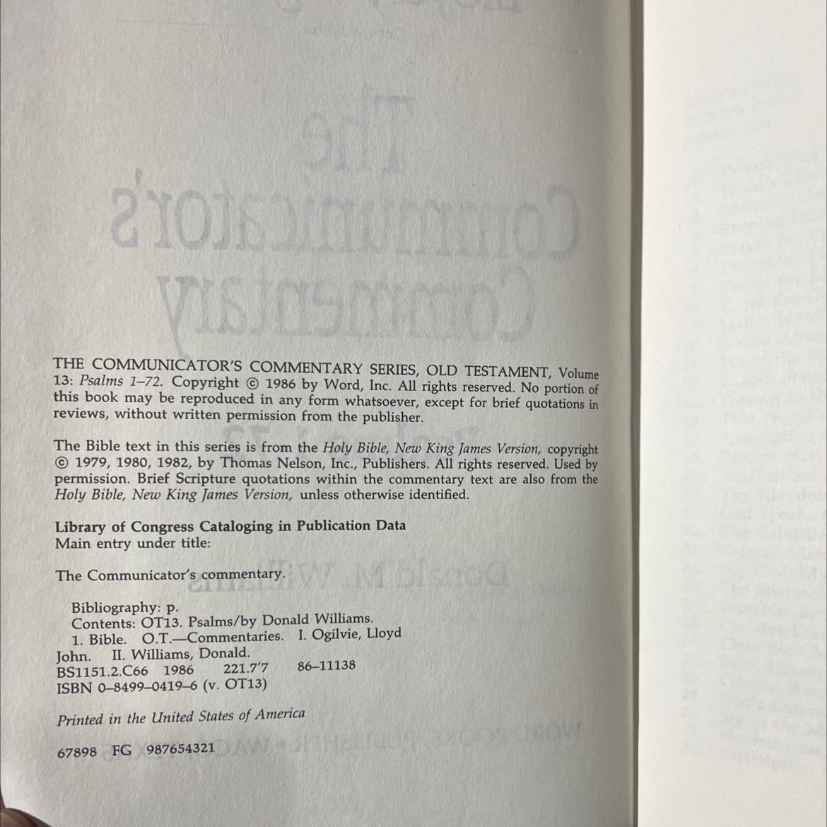 holy bible communicator's commentary psalms 1-72 book, by Lloyd J. Ogilvie, Donald M. Williams, 1986 Hardcover image 3