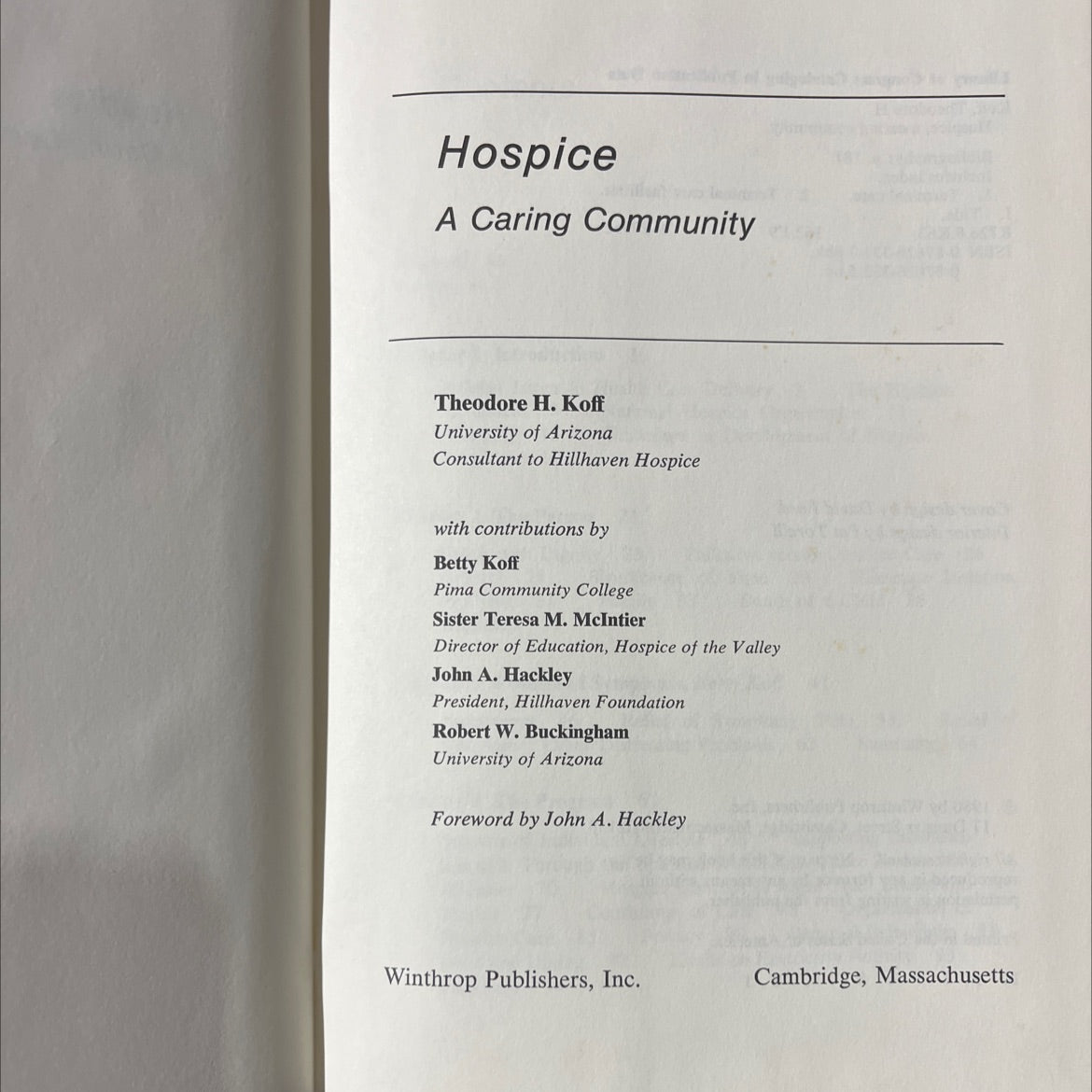 hospice a caring community book, by Theodore H. Koff, 1980 Hardcover image 2