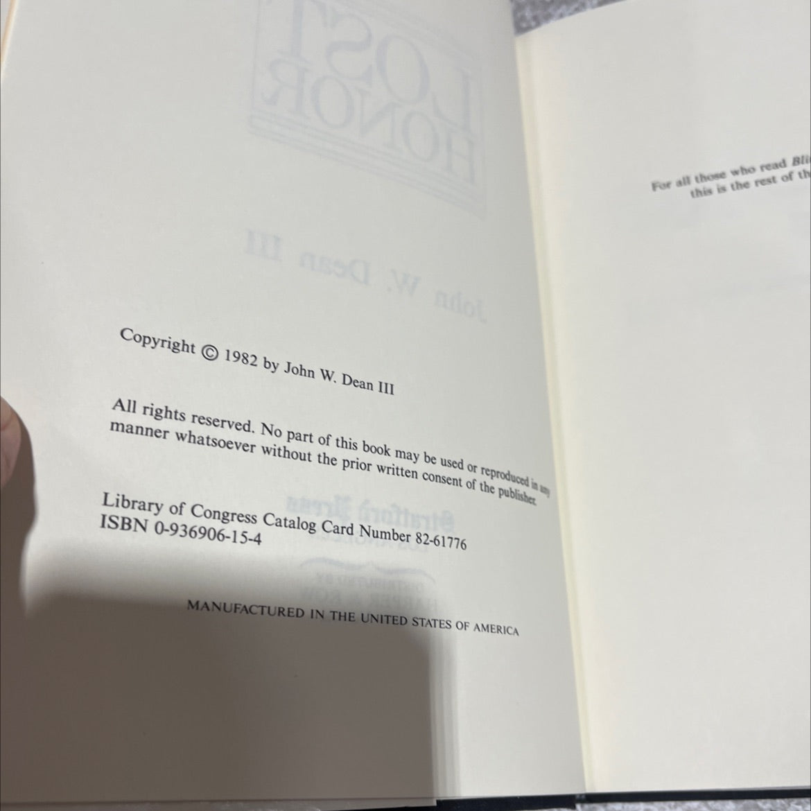 hovo lost honor book, by John W. Dean III, 1982 Hardcover image 3