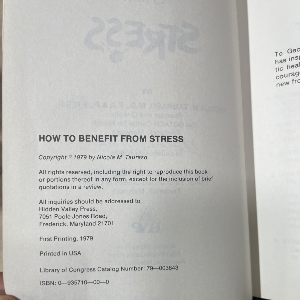 SIGNED how to benefit from stress book, by nicola m. tauraso, m.d., f.a.a.p., f.r.s.h., 1979 Hardcover, First Edition, image 3