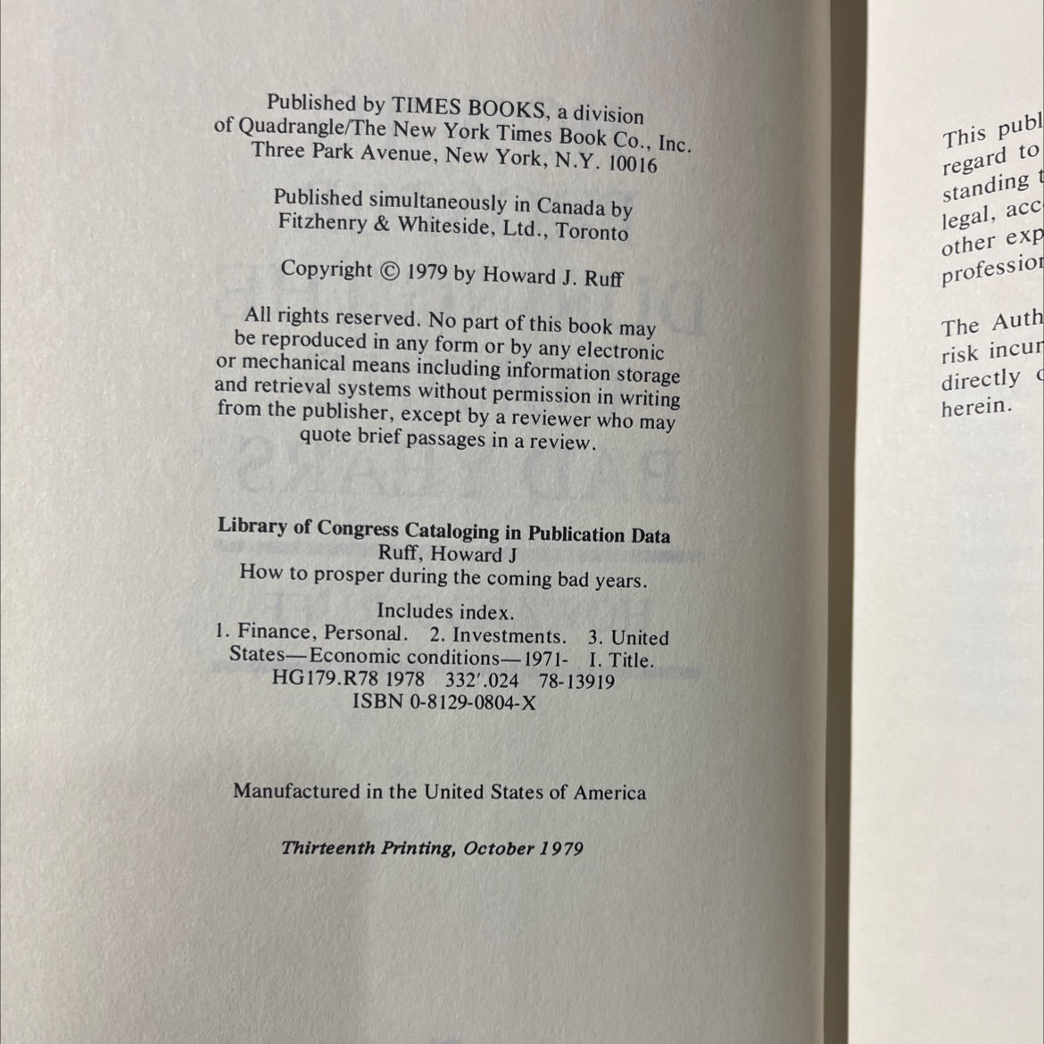 how to prosper during the coming bad years book, by howard j. ruff, 1979 Hardcover image 3