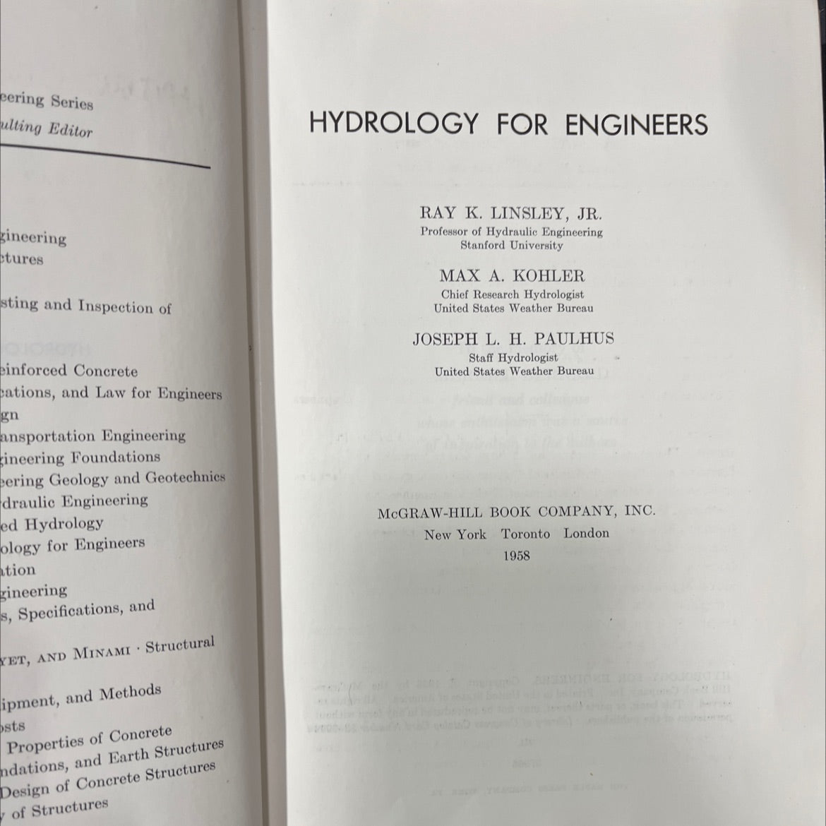 hydrology for engineers book, by ray k. linsley, jr., max a. kohler, joseph l. h. paulhus, 1958 Hardcover image 2
