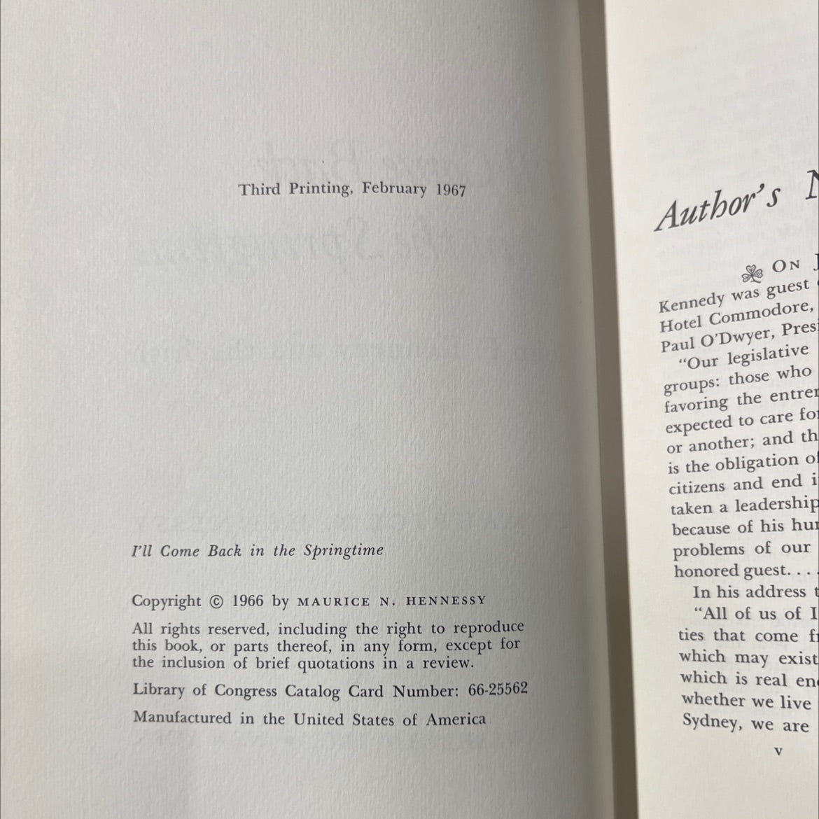 i'll come back in the springtime john f. kennedy and the irish book, by maurice n. hennessy, 1967 Hardcover image 3