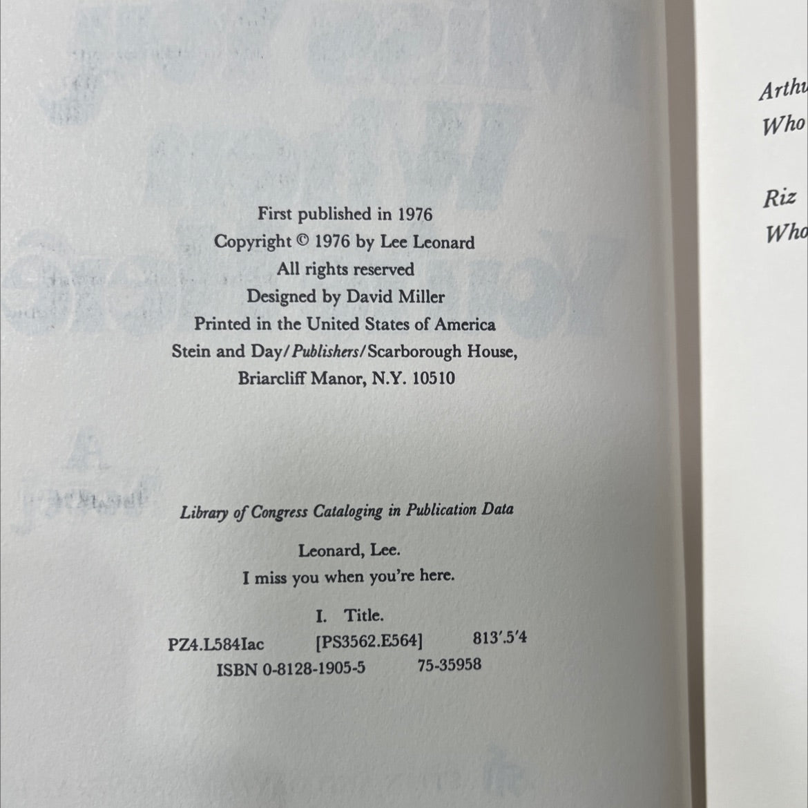 i miss you when you're here book, by Lee Leonard, 1976 Hardcover image 3