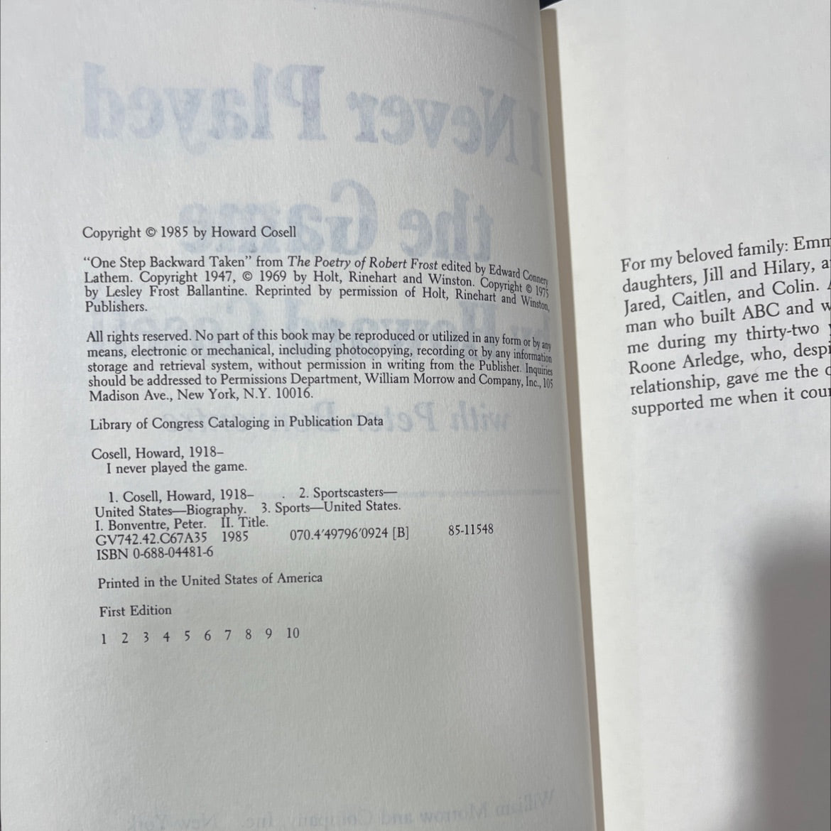 i never played the game book, by howard cosell with peter bonventre, 1985 Hardcover, First Edition, Vintage image 3