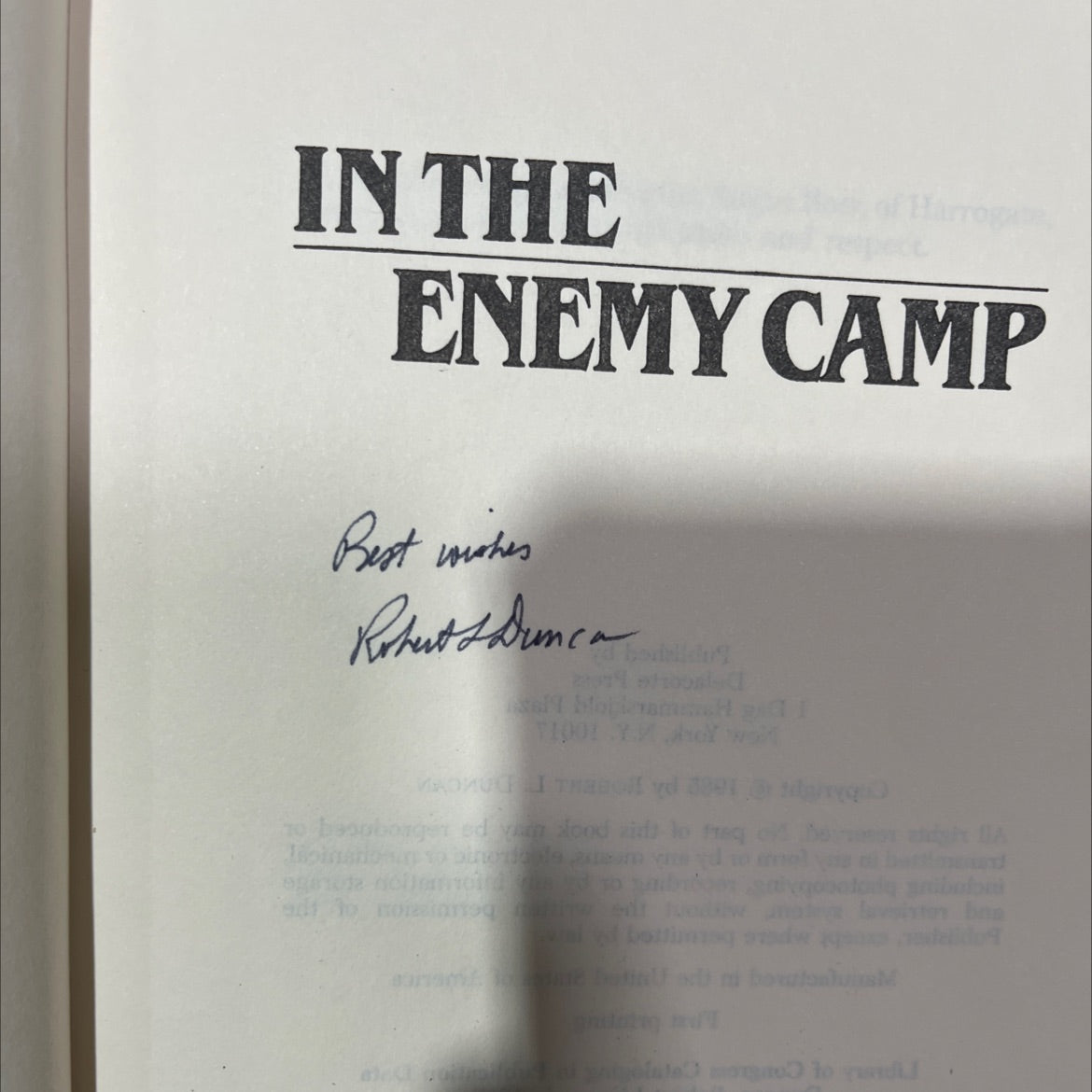 SIGNED in the enemy camp book, by robert l. duncan, 1985 Hardcover, First Edition, Vintage image 4