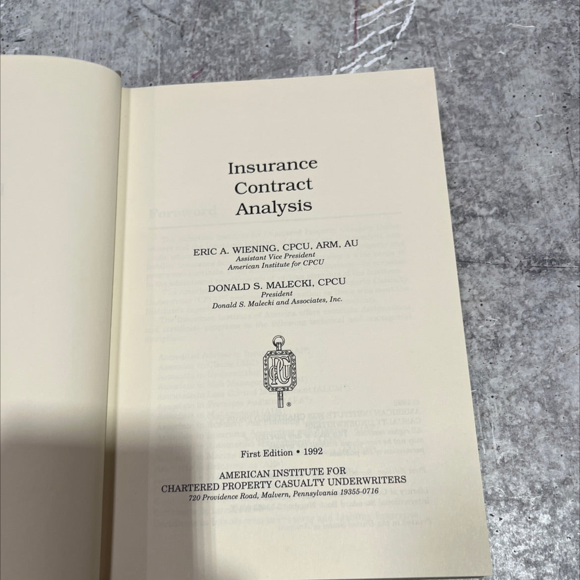 insurance contract analysis book, by eric a. wiening, donald s. malecki, 1992 Hardcover image 2