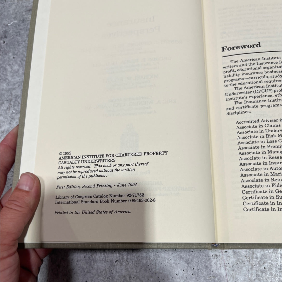 insurance perspectives book, by robert j. gibbons, george e. rejda, michael w. elliott, eric a. wiening, 1994 Hardcover image 3