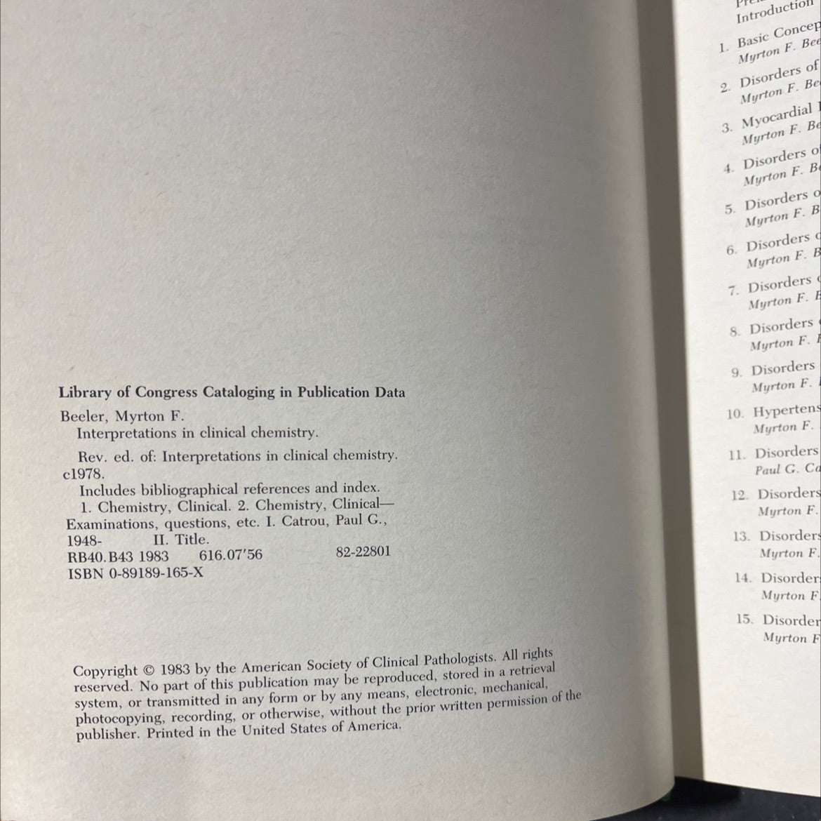 interpretations in clinical chemistry book, by Myrton F. Beeler, MD, Paul G. Catrou, MD, 1983 Hardcover image 3