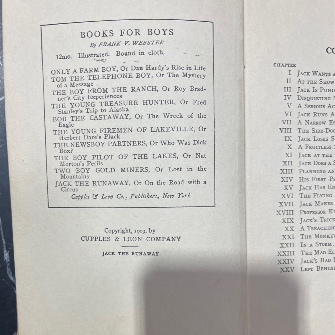 jack the runaway or on the road with a circus book, by frank v. webster, 1909 Hardcover image 3