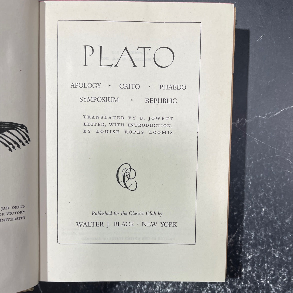 jar origi or victory university plato apology • crito phaedo . republic symposium book, by plato, 1942 Hardcover image 2